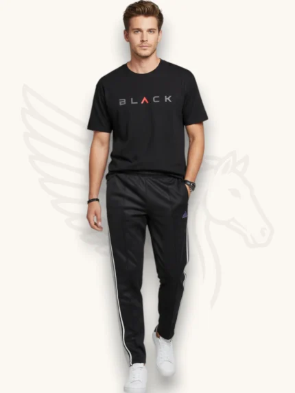 Polyester Fleece Tracksuit Set – Black Sweatshirt + Black Stripe Trouser