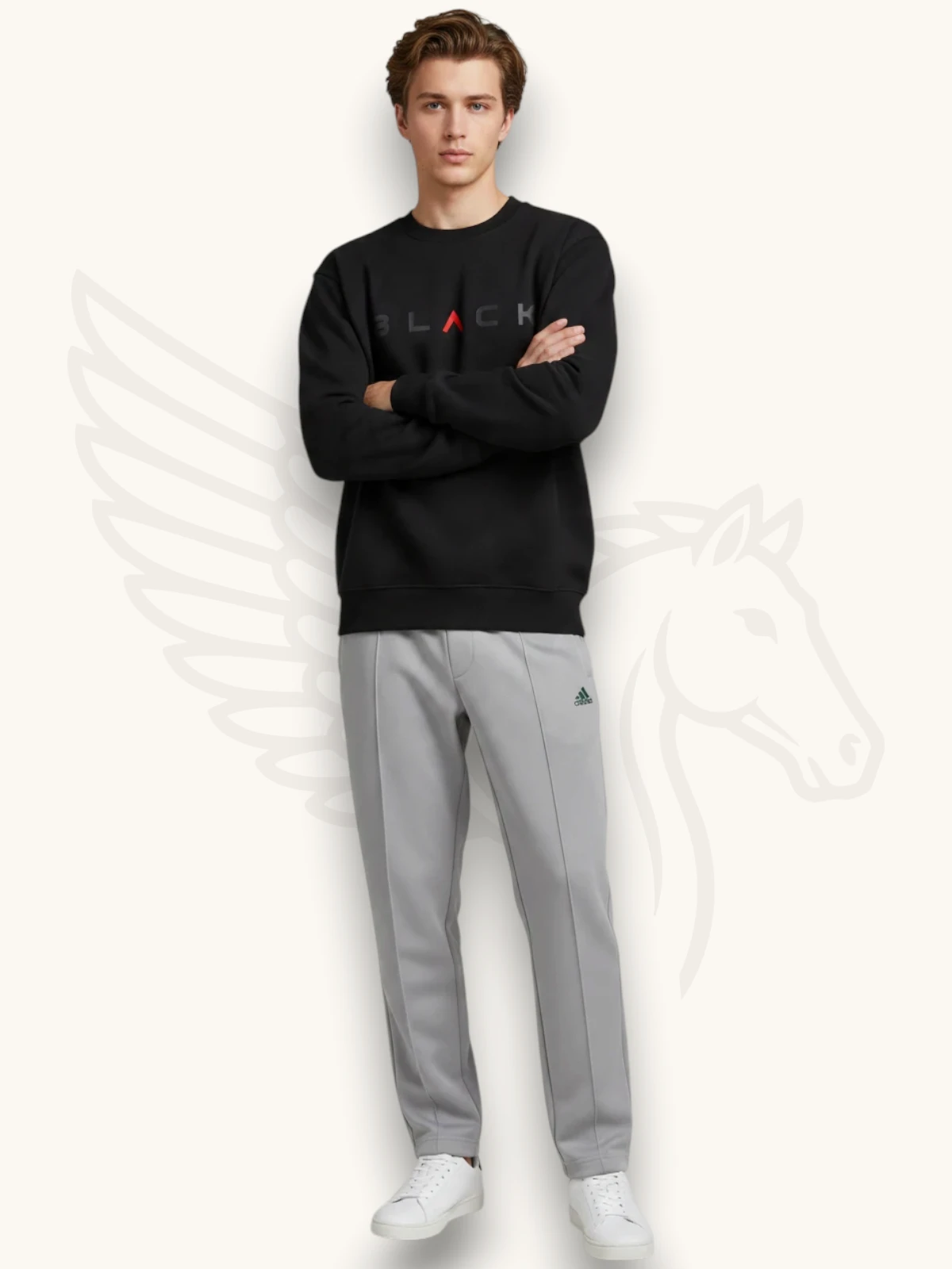 Black sweatshirt and light gray trouser tracksuit set on a male model, front view