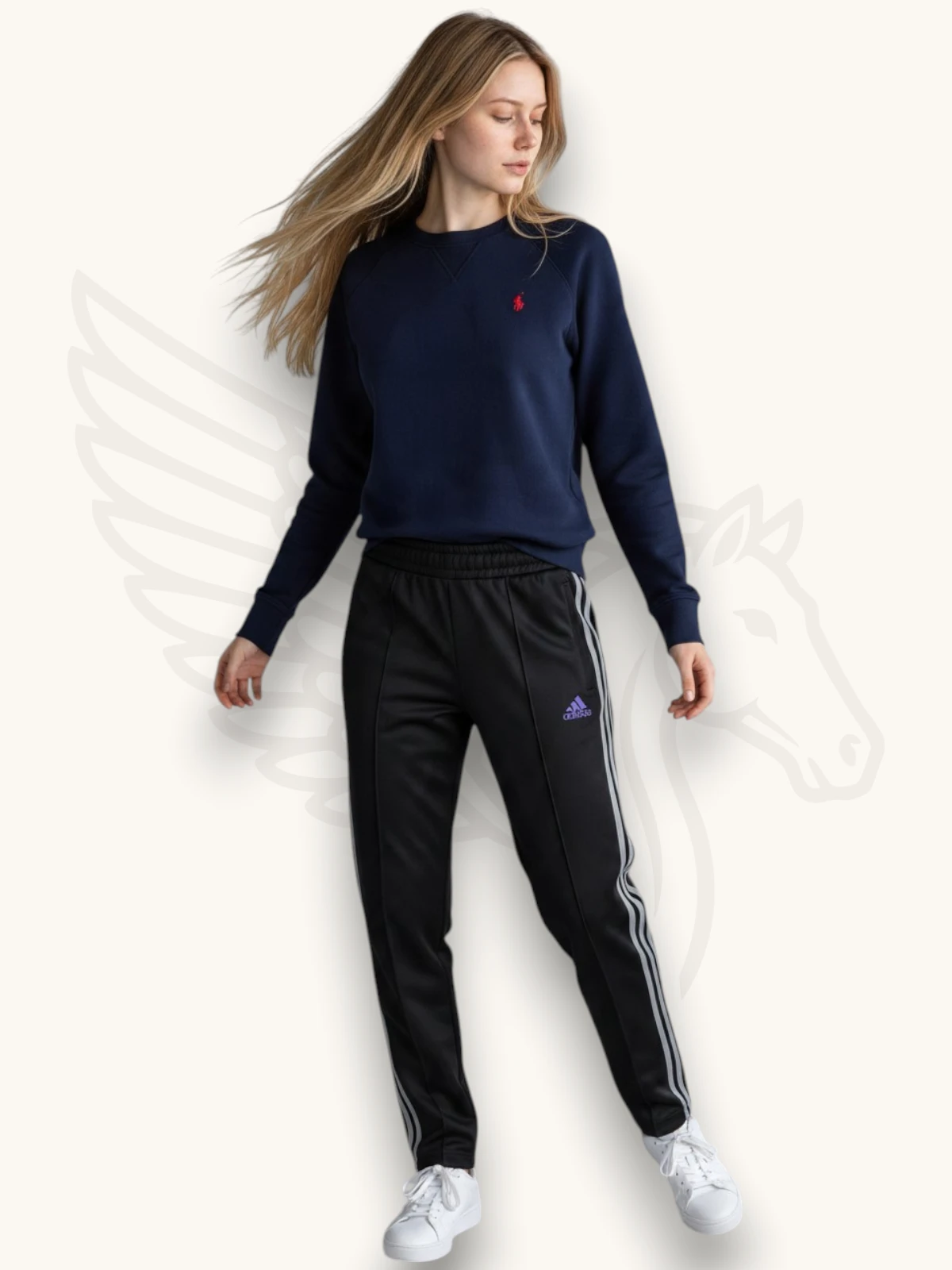 Navy blue sweatshirt and black stripe trouser tracksuit set, full outfit view
