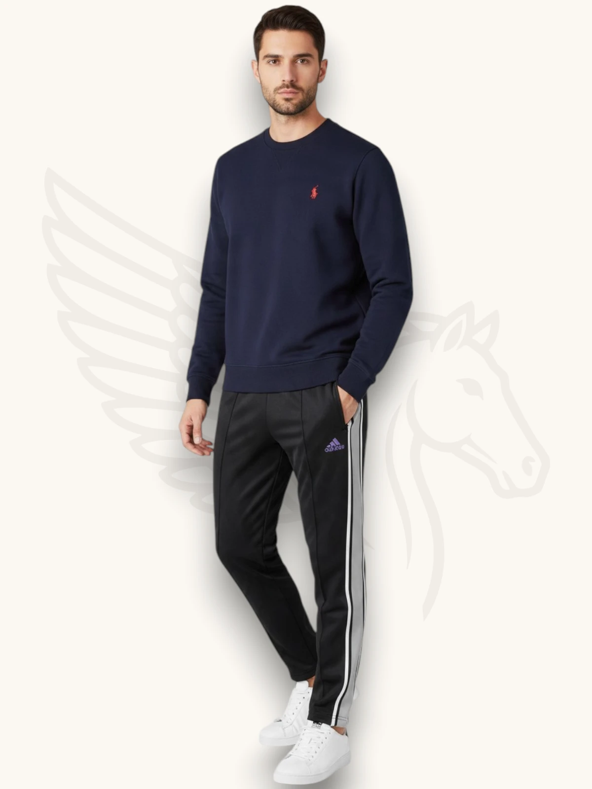 Navy blue sweatshirt and black stripe trouser tracksuit set, full outfit front view