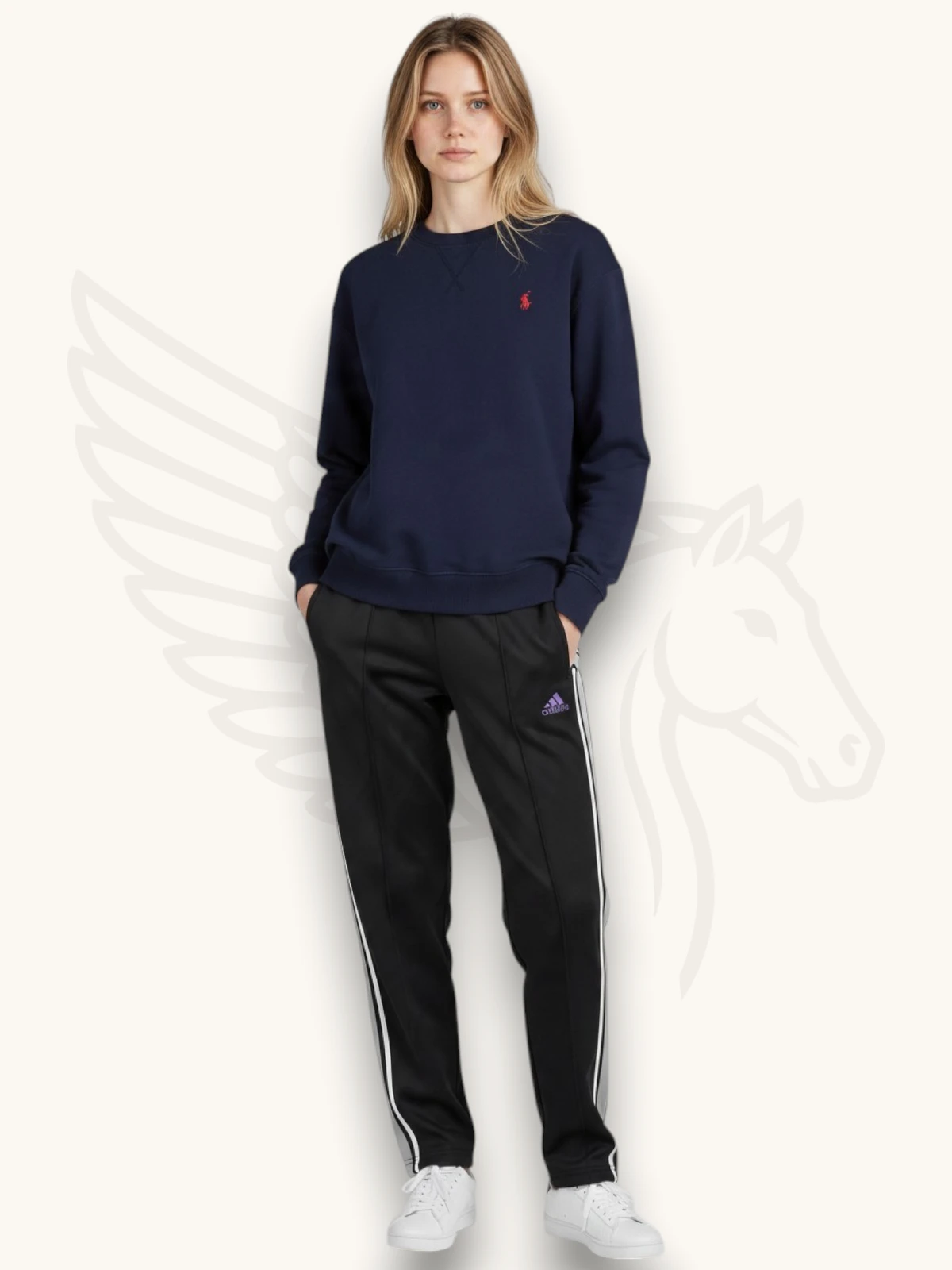 Navy blue sweatshirt and black stripe trouser tracksuit set, additional view
