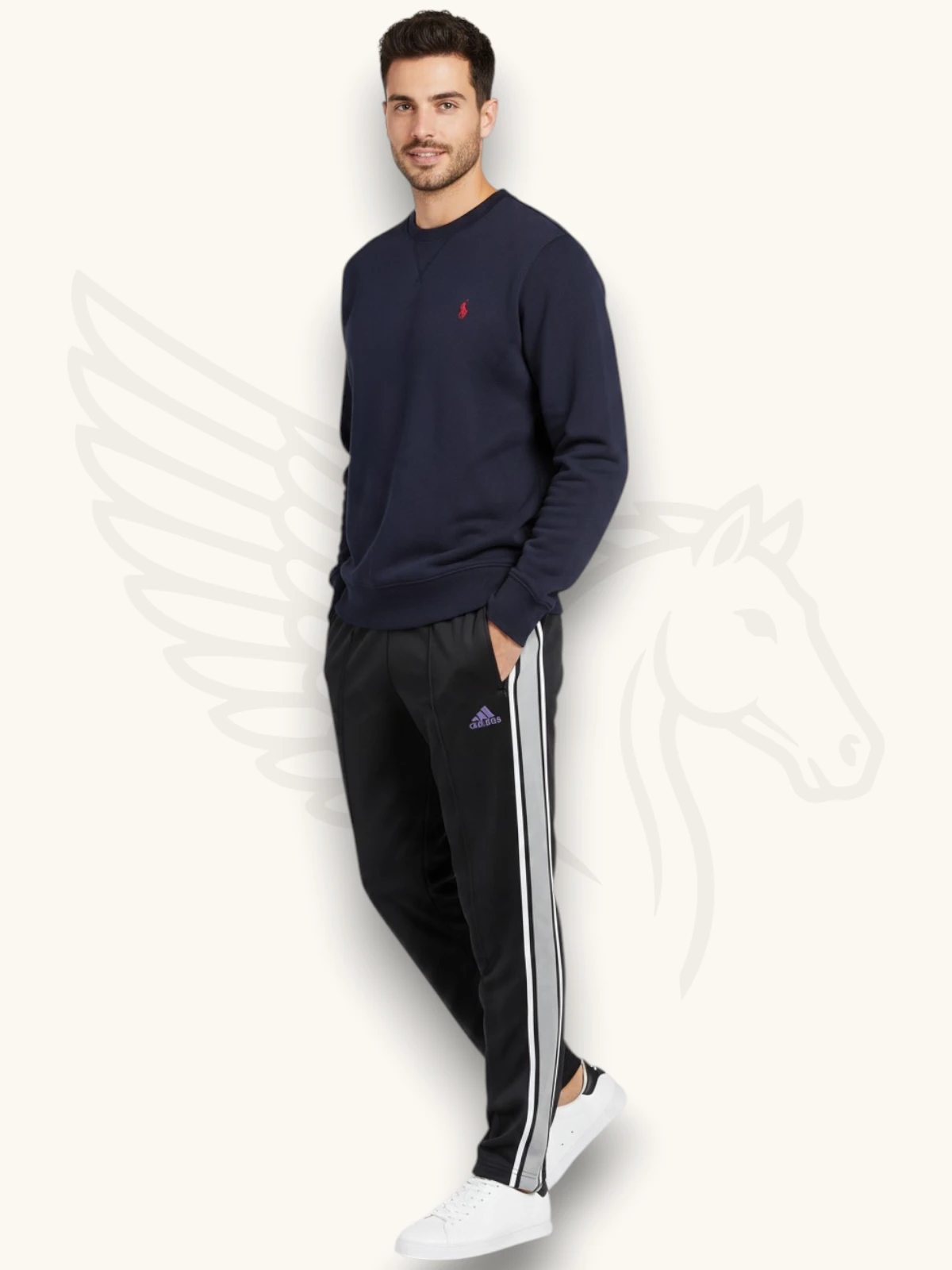 Navy blue sweatshirt with black stripe trouser tracksuit set, side pose